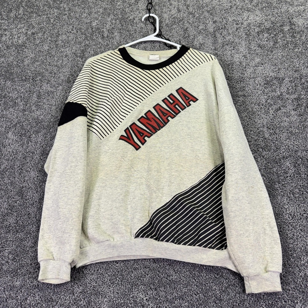 Vtg Yamaha Sweatshirt Mens Large Gray Stripe Fleece Crewneck USA Retro Logo